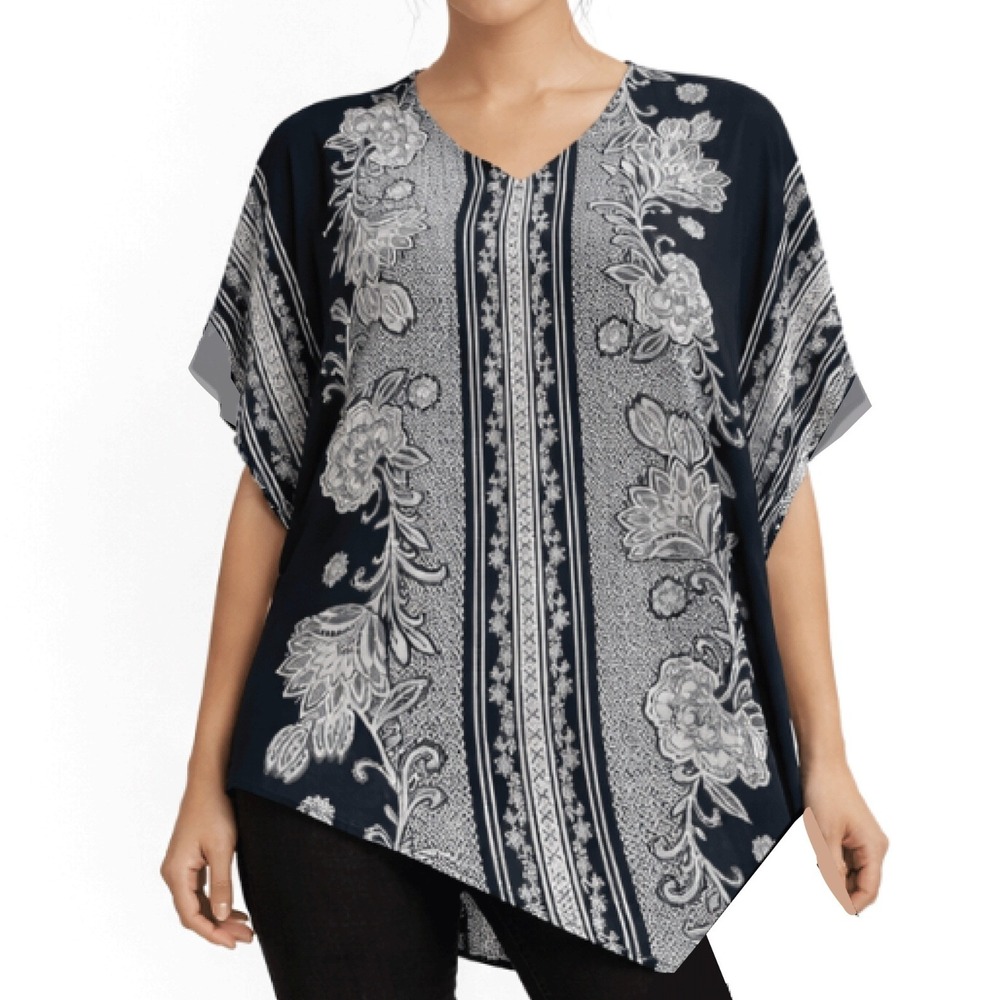 Asymmetrical Top Size Medium Flowy Blouse Floral Boho Black White Chic Artsy